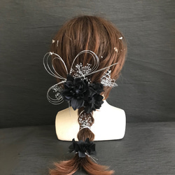水引アレンジ　成人式　卒業式　結婚式　髪飾り　ヘッドドレス　ブラック　ダリア　シルバー　銀箔　紫陽花 6枚目の画像
