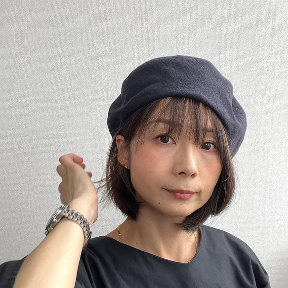 受注製作】 サニーサークルベレー 大人可愛い コットンリネン 黒