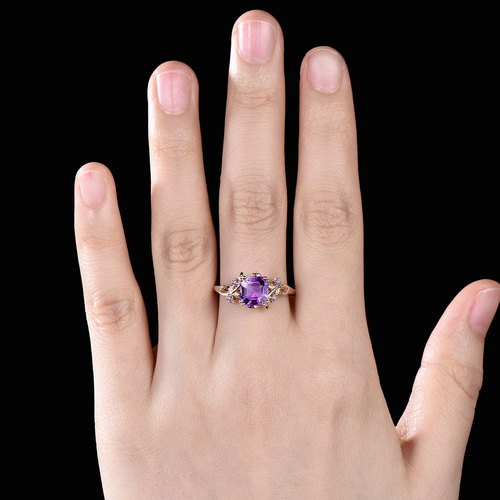 2 月の誕生石 天然アメジスト エンゲージメント リング 葉 つる 小枝