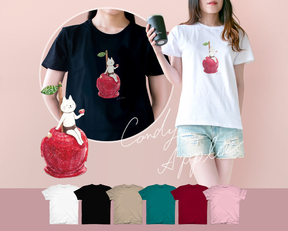 選べるりんご飴とネコぱんのTシャツ【受注制作】 1枚目の画像