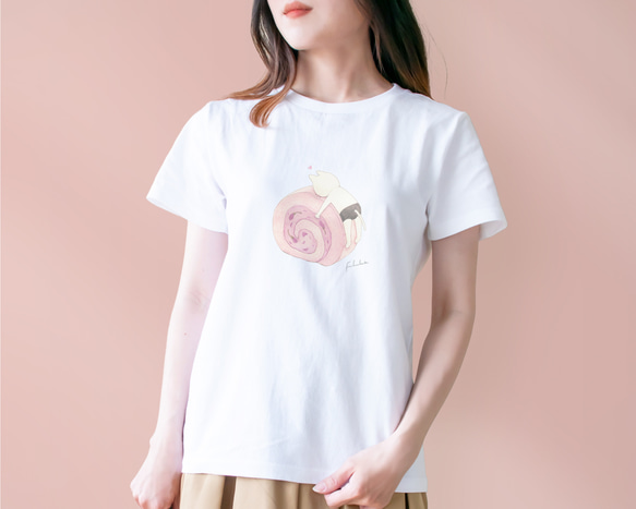 選べる桜ロールケーキとネコぱんのTシャツ【受注制作】 2枚目の画像