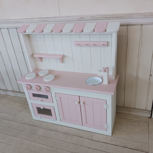 90cm幅 チェッカーガラス おままごとキッチン 木製 ソフトピンク