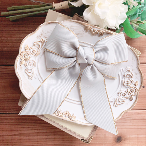 ビッグダブルリボン 金ふち グレー 灰色 リボンヘアアクセサリー