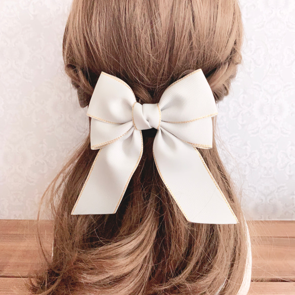ビッグダブルリボン 金ふち グレー 灰色 リボンヘアアクセサリー