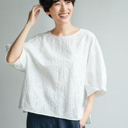 柔軟泡泡袖花卉刺繡襯衫，棉質，5/8 袖，230509-3 第3張的照片