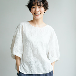 柔軟泡泡袖花卉刺繡襯衫，棉質，5/8 袖，230509-3 第9張的照片