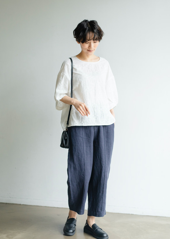 柔軟泡泡袖花卉刺繡襯衫，棉質，5/8 袖，230509-3 第5張的照片