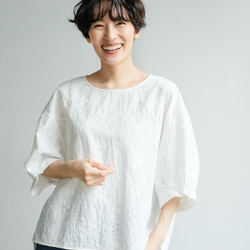 柔軟泡泡袖花卉刺繡襯衫，棉質，5/8 袖，230509-3 第8張的照片