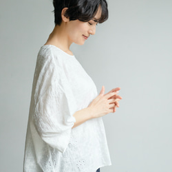 柔軟泡泡袖花卉刺繡襯衫，棉質，5/8 袖，230509-3 第4張的照片