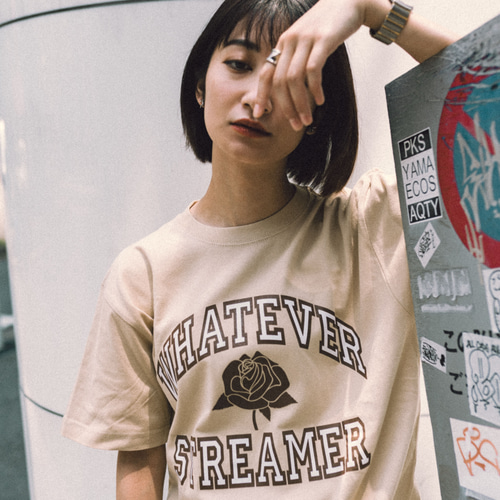 WHATEVER STREAMER カレッジ ロゴ 半袖 Tシャツ 大きめ ビッグ