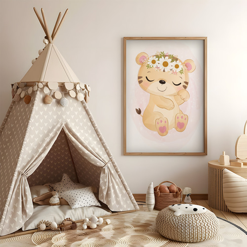赤ちゃんのインテリア／アート アートポスター 子供部屋 赤ちゃん 虎 動物 花 花冠 パステル ピンク
