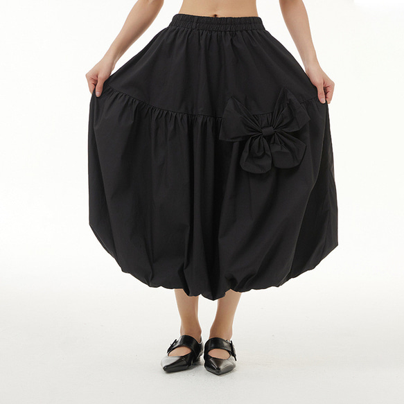 ボウランタンスカート 夏 新作 ルーズカジュアルスカート 大きいサイズ ダーク黒 シンプル 1枚目の画像