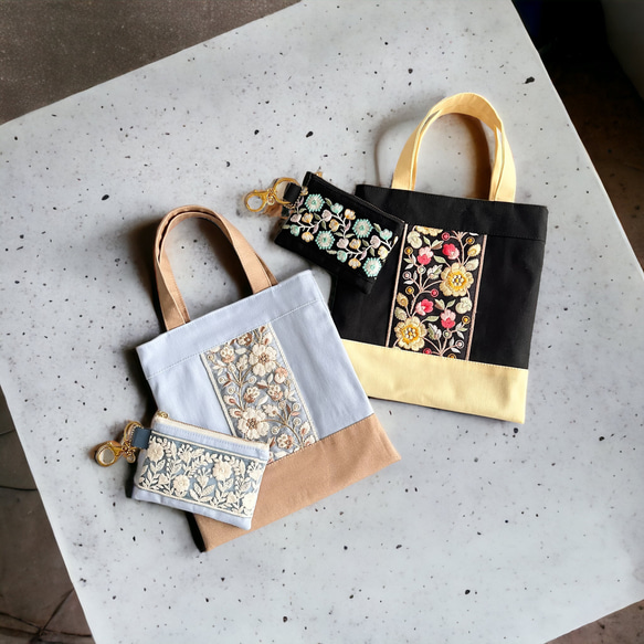 インド刺繍新色ゴールドオレンジ系と合皮　新サイズMトートバッグ　2wayタイプ インド刺繍新色ゴールドオレンジ系と合皮 新サイズMトートバッグ