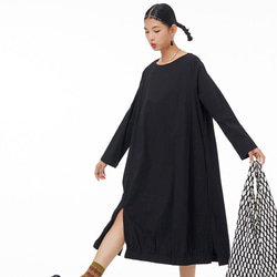夏 新作 裾スリットワンピース 黒 大きいサイズ レディース 通勤 ゆったり 通勤 マタニティ 個性的 1枚目の画像