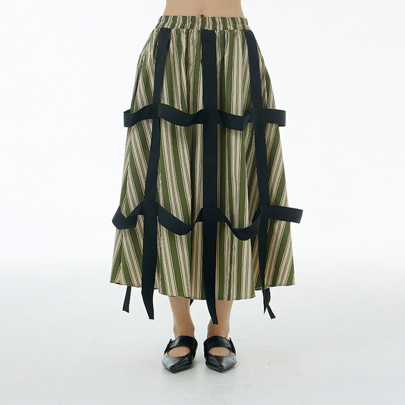 夏新作 ストライプスカート 黒 緑 大きいサイズ ロングダークAラインスカート ゆったり マタニティ シンプル 4枚目の画像