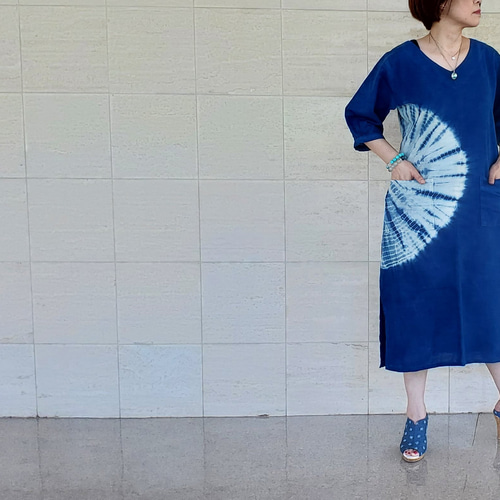 イベント期間 割引中!! 藍染 藍染服 天然藍染 手染め ロングワンピース