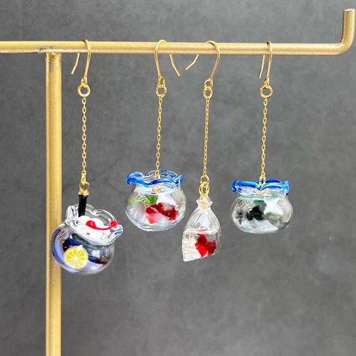 日本の夏を感じる金魚鉢のミニチュアピアス イヤリング ピアス