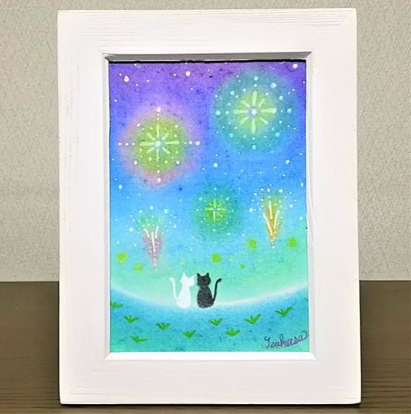パステルアート　猫のカップルと夏の花火　パステル画原画 1枚目の画像