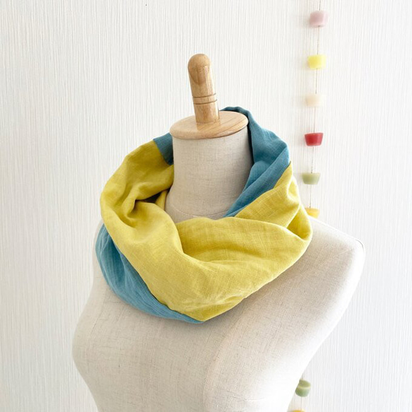 ♡日本製造♡優質雙層紗布製成的蓬鬆夢幻的圍脖♡雙色（檸檬黃x薩克斯藍） 第8張的照片
