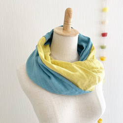 ♡日本製造♡優質雙層紗布製成的蓬鬆夢幻的圍脖♡雙色（檸檬黃x薩克斯藍） 第7張的照片