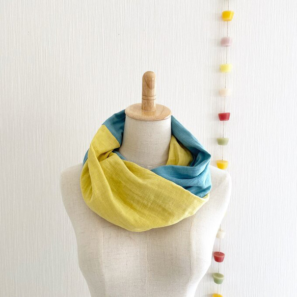 ♡日本製造♡優質雙層紗布製成的蓬鬆夢幻的圍脖♡雙色（檸檬黃x薩克斯藍） 第3張的照片