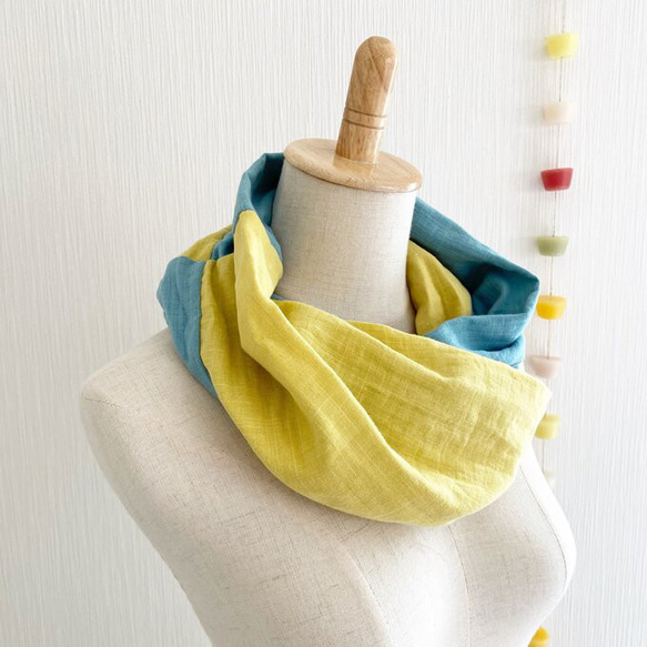 ♡日本製造♡優質雙層紗布製成的蓬鬆夢幻的圍脖♡雙色（檸檬黃x薩克斯藍） 第4張的照片