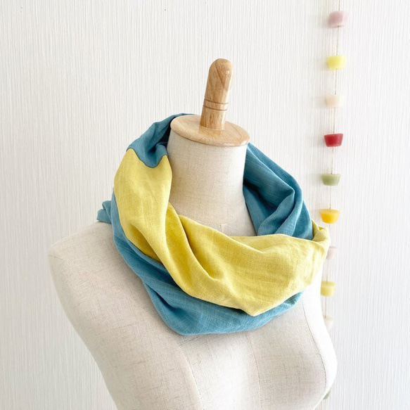 ♡日本製造♡優質雙層紗布製成的蓬鬆夢幻的圍脖♡雙色（檸檬黃x薩克斯藍） 第2張的照片