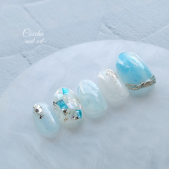 No.179 爽やかブルーのシェルネイル / ネイルチップ ジェルネイル