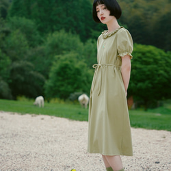 草綠色 日系少女木耳花邊郁金香軟fufu短洋裝 立體浮雕裝飾連身裙 第7張的照片