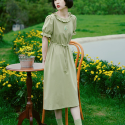 草綠色 日系少女木耳花邊郁金香軟fufu短洋裝 立體浮雕裝飾連身裙 第13張的照片