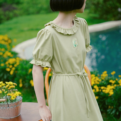 草綠色 日系少女木耳花邊郁金香軟fufu短洋裝 立體浮雕裝飾連身裙 第14張的照片
