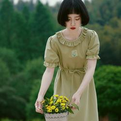 草綠色 日系少女木耳花邊郁金香軟fufu短洋裝 立體浮雕裝飾連身裙 第1張的照片