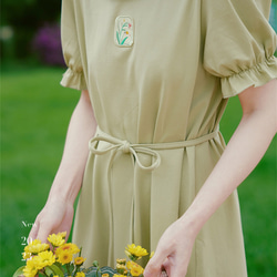 草綠色 日系少女木耳花邊郁金香軟fufu短洋裝 立體浮雕裝飾連身裙 第6張的照片