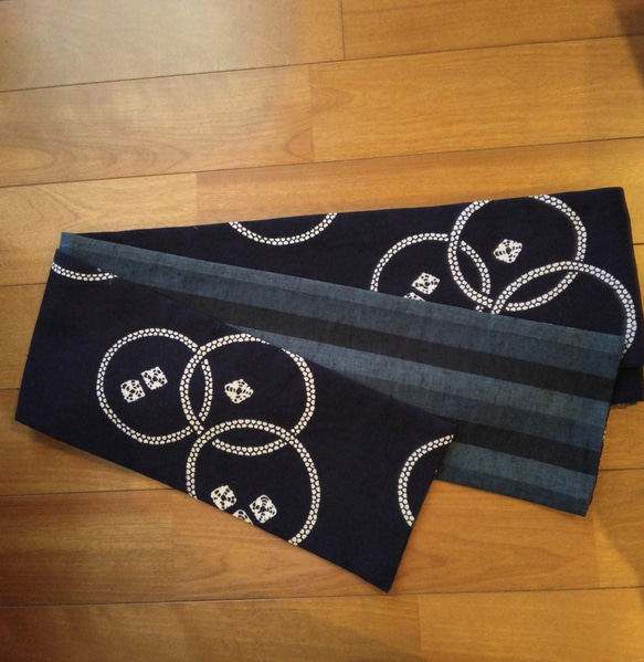 綿半巾帯(藍絞り風×綿紬）　　リバーシブル 10枚目の画像