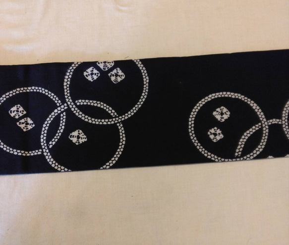 綿半巾帯(藍絞り風×綿紬）　　リバーシブル 4枚目の画像