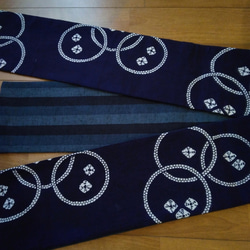 綿半巾帯(藍絞り風×綿紬）　　リバーシブル 2枚目の画像