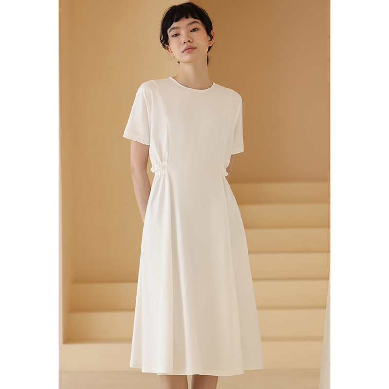 テンセルワンピース　ウエストにゴムギャザー　半袖ワンピース　丸襟　ホワイト　S-XL#267