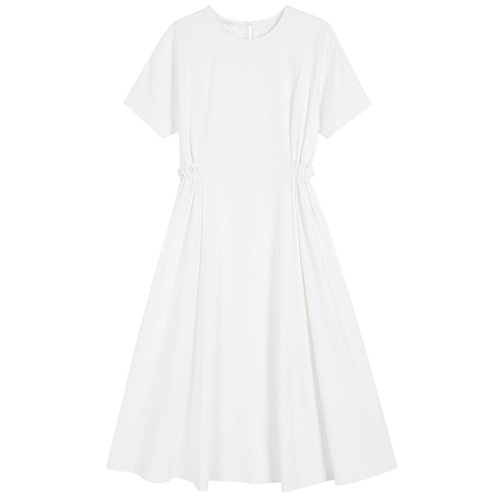 テンセルワンピース ウエストにゴムギャザー 半袖ワンピース 丸襟