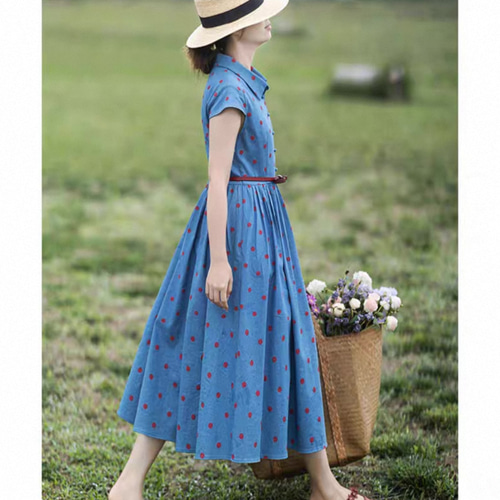 キュートな配色水玉 ロングワンピース ウエストベルト付き【春夏