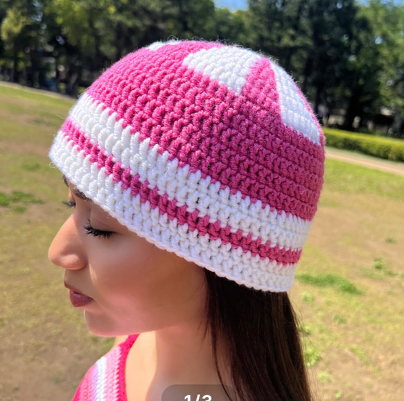 Pink×white flower beanie 3枚目の画像