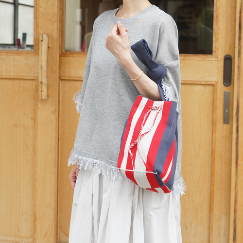 ストライプ バケツ型バッグ グレー