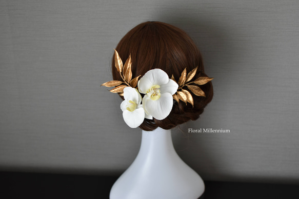 胡蝶蘭　上品なゴールドの髪飾り　金箔　ヘッドアクセ　和装　成人式　ウェディング　ヘッドアクセ 8枚目の画像