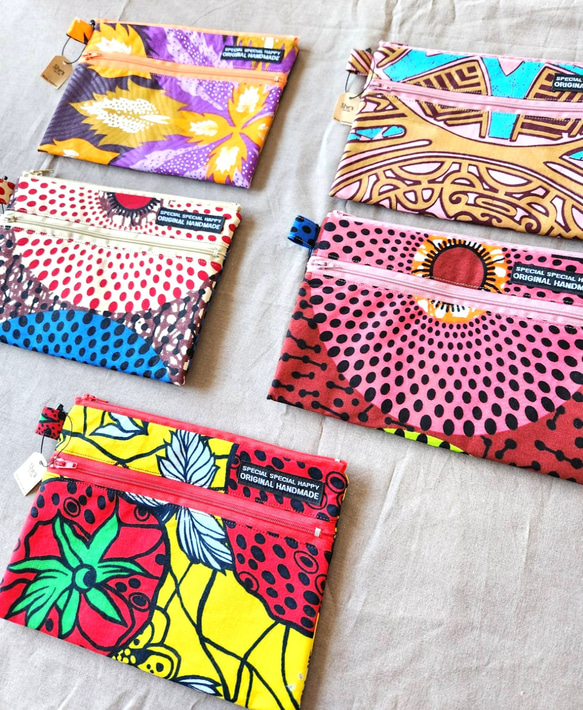 アフリカ布フラットポーチ2個セットハンドメイド アフリカ布フラット