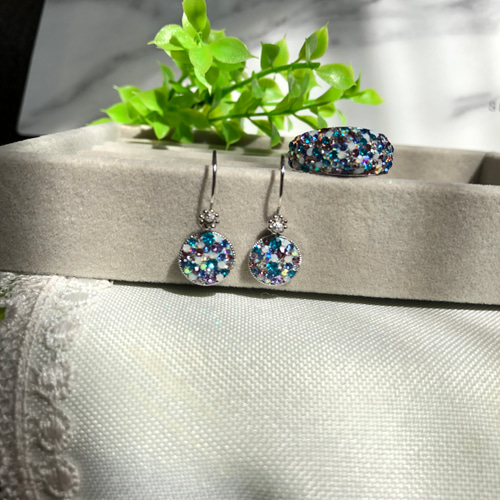 紫陽花カラー 爽やかなブルー系 スワロフスキー グルーデコ リング