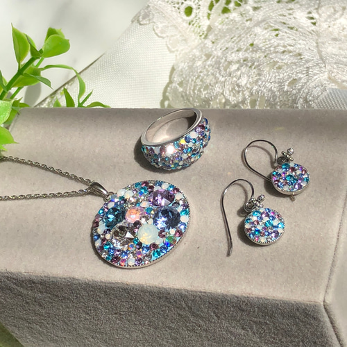 紫陽花カラー 爽やかなブルー系 スワロフスキー グルーデコ リング