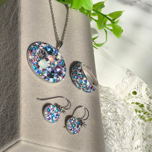 紫陽花カラー 爽やかなブルー系 スワロフスキー グルーデコ リング