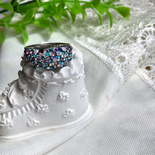 紫陽花カラー 爽やかなブルー系 スワロフスキー グルーデコ リング