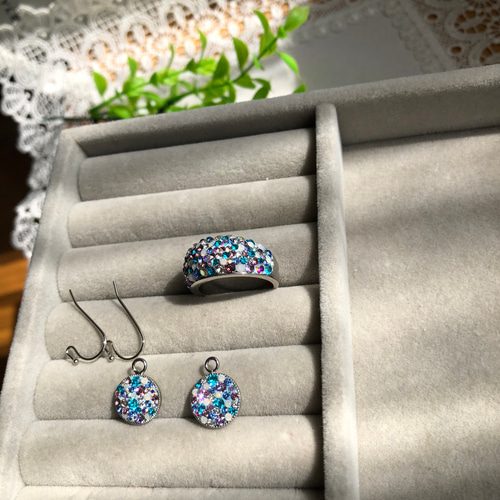 紫陽花カラー 爽やかなブルー系 スワロフスキー グルーデコ リング