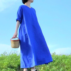 リネン 半袖 ワンピース ライトブラウンと水色の格子柄￼ リネン 半袖 ワンピース ライトブラウンと水色の格子柄￼