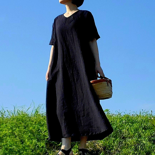 全六色】一年中着回せるゆったり心地よいリネンワンピース ネック 